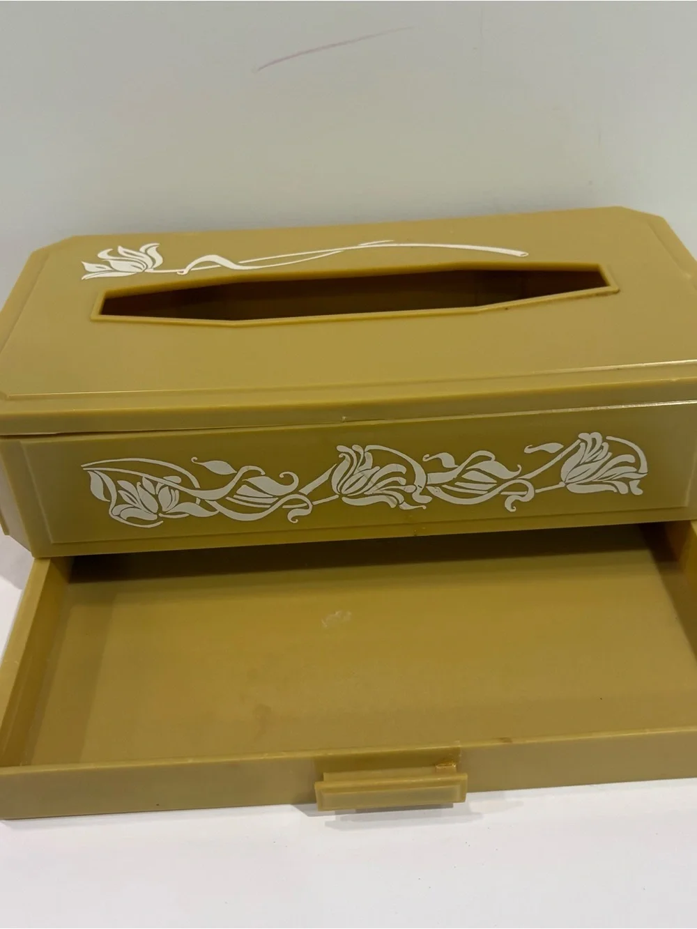 Vintage MCM Yellow Plastic Tissue Box Cover White Flowers With Drawer 70s Retro